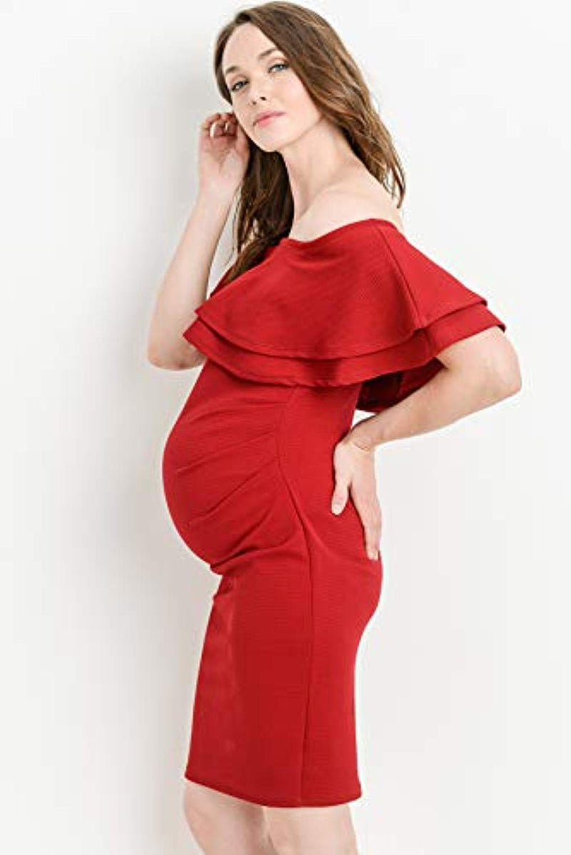Burgundy Off Shoulder Maternity Dress - Mommylicious
