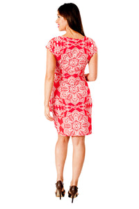 Coral Damask Print Belted Maternity Dress - Mommylicious