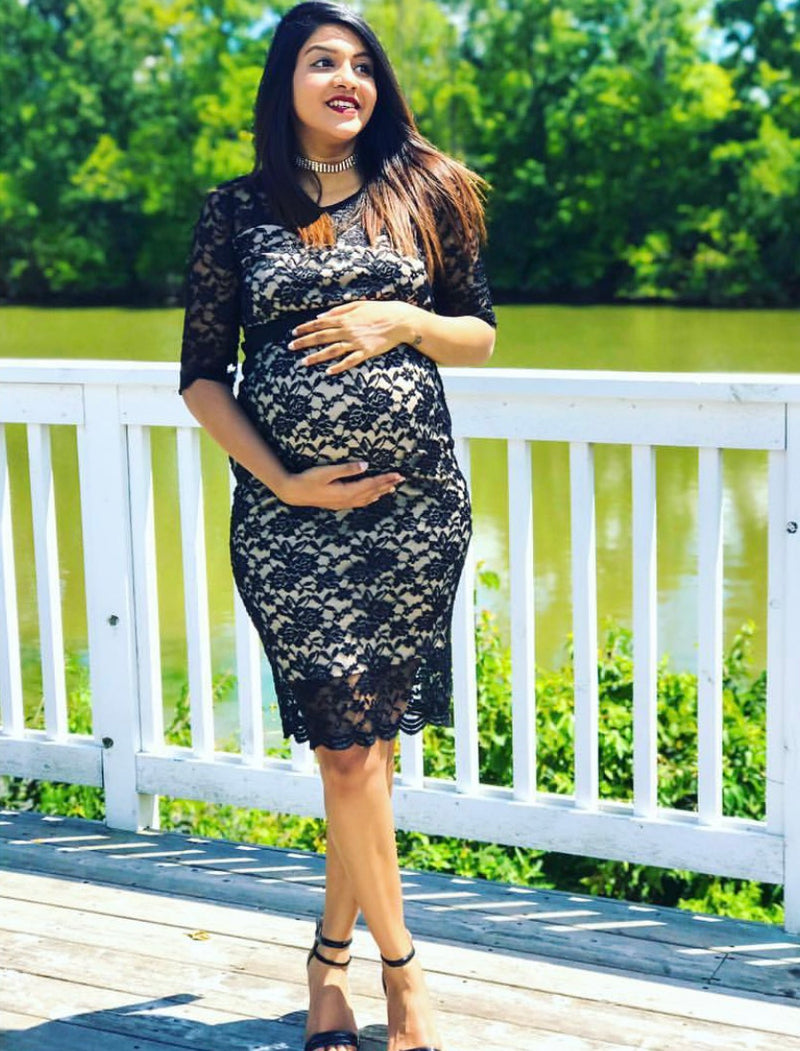 Floral Lace Maternity Dress Black/Taupe - Mommylicious