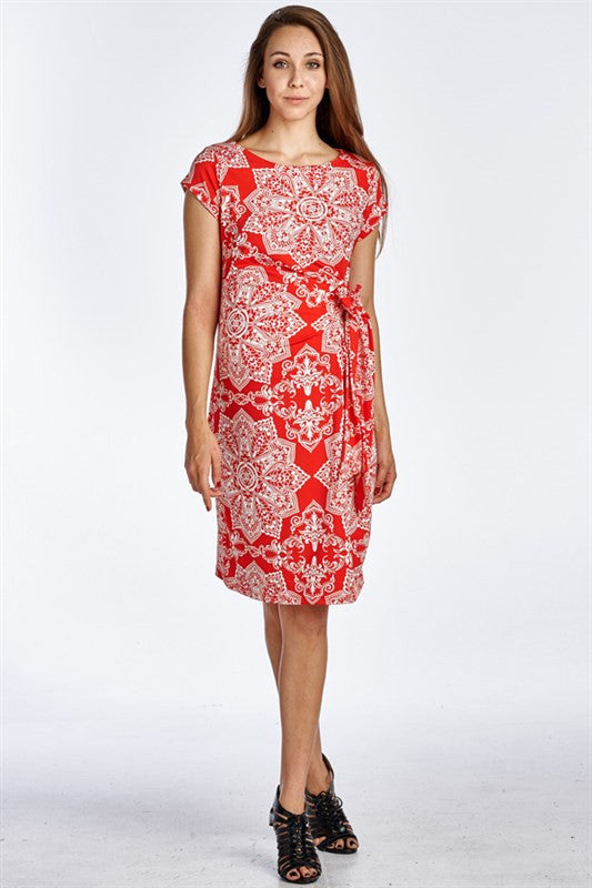 Coral Damask Print Belted Maternity Dress - Mommylicious