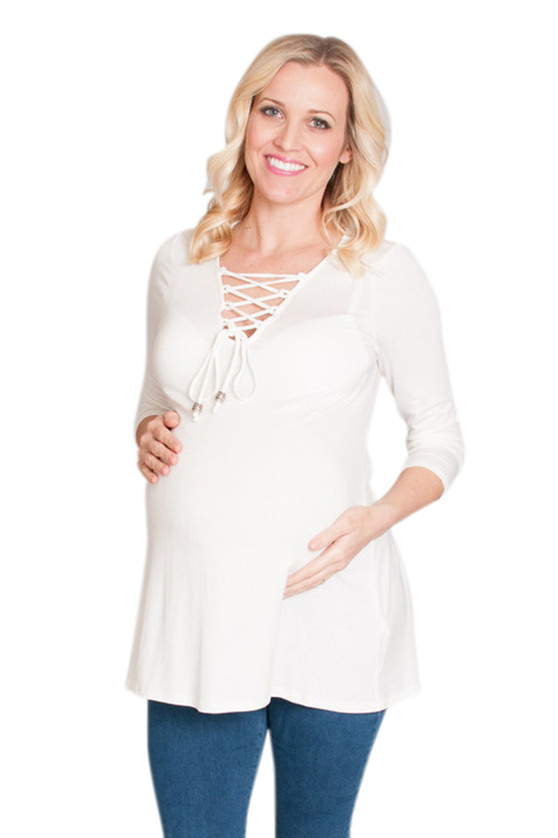 White Lace Me Up Maternity Top - Mommylicious